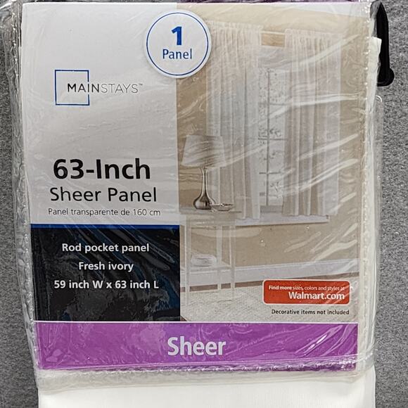 Mainstays 63-Inch x2 Fresh Ivory Sheer Rod Pocket Panel Curtains 59"Wx63"L NIP - Picture 2 of 5